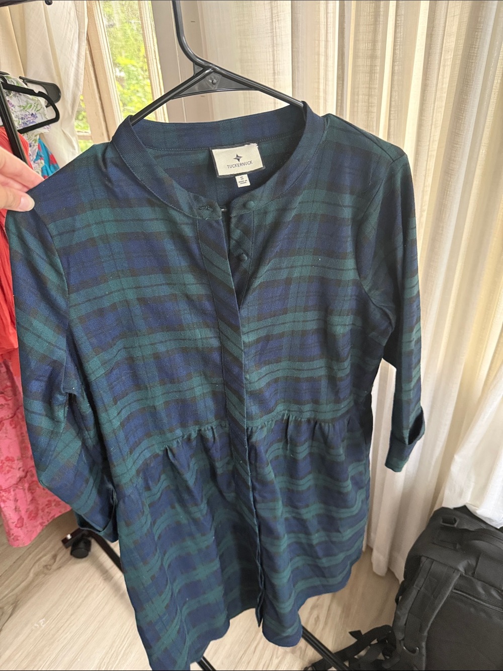 Tuckernuck Navy and Green Plaid Button-Front Tunic